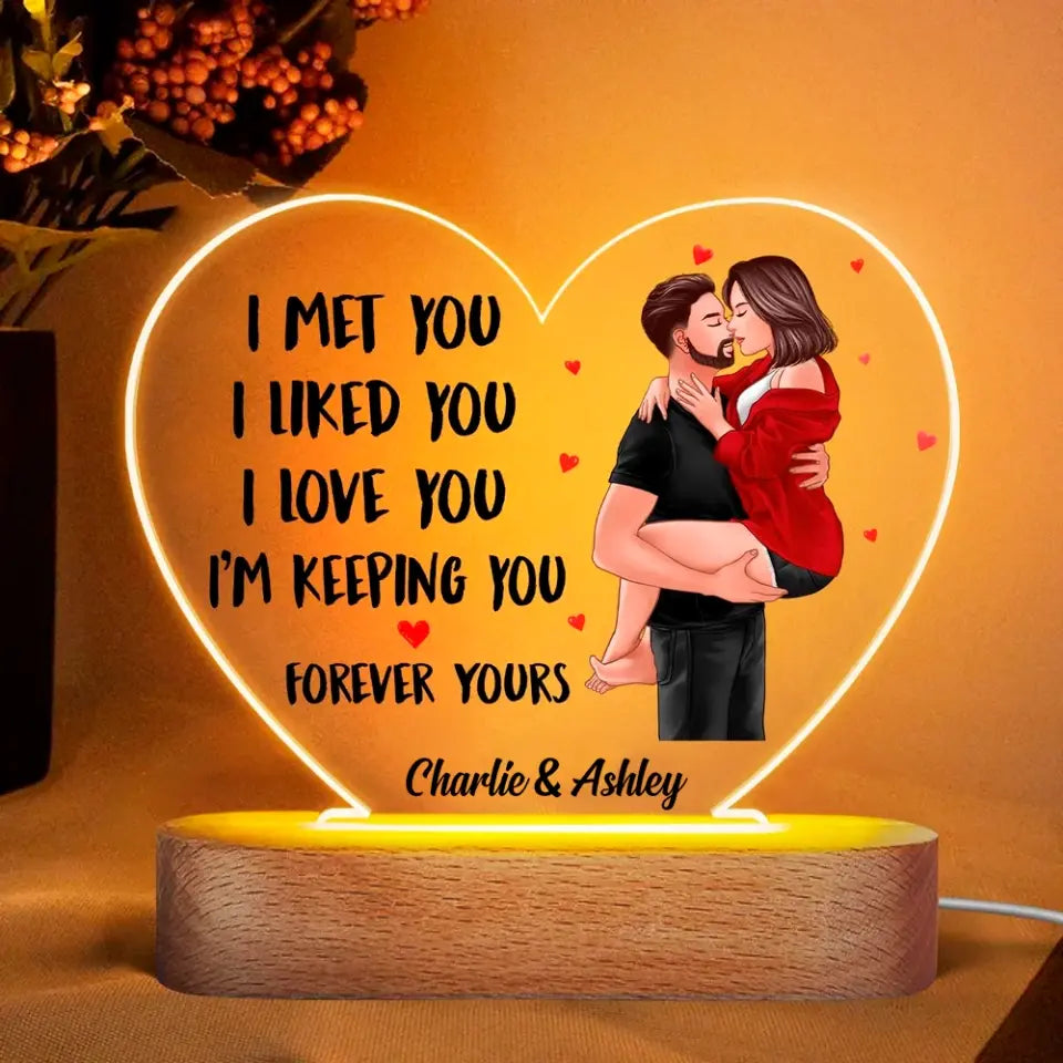 Man Holding Woman Kissing Gift For Him For Her Personalized Acrylic Heart Plaque With LED Night Light