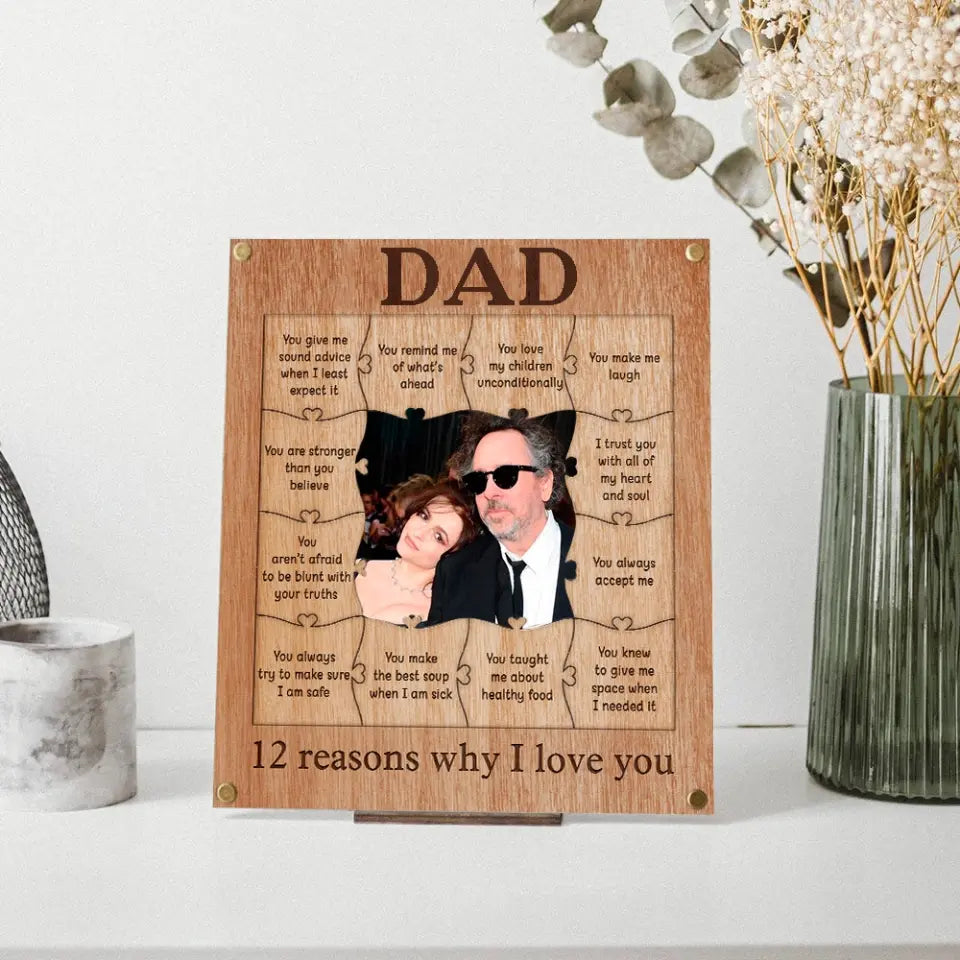 Dad 12 Reasons Why I Love You Wooden Puzzle Piece Collage - Personalized Wooden Frame