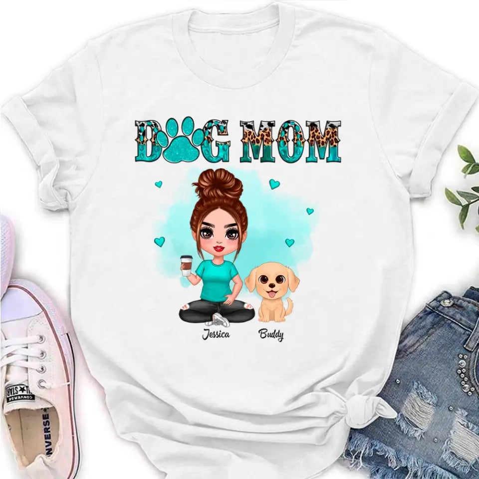 Watercolor Cute Dogs Teal And Leopard Dog Mom Personalized Shirt