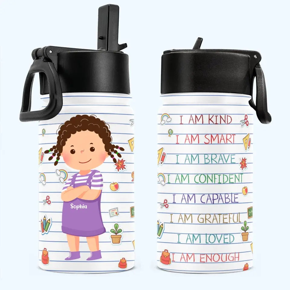 Smart Loved Brave Confident - Personalized Kids Water Bottle With Straw Lid