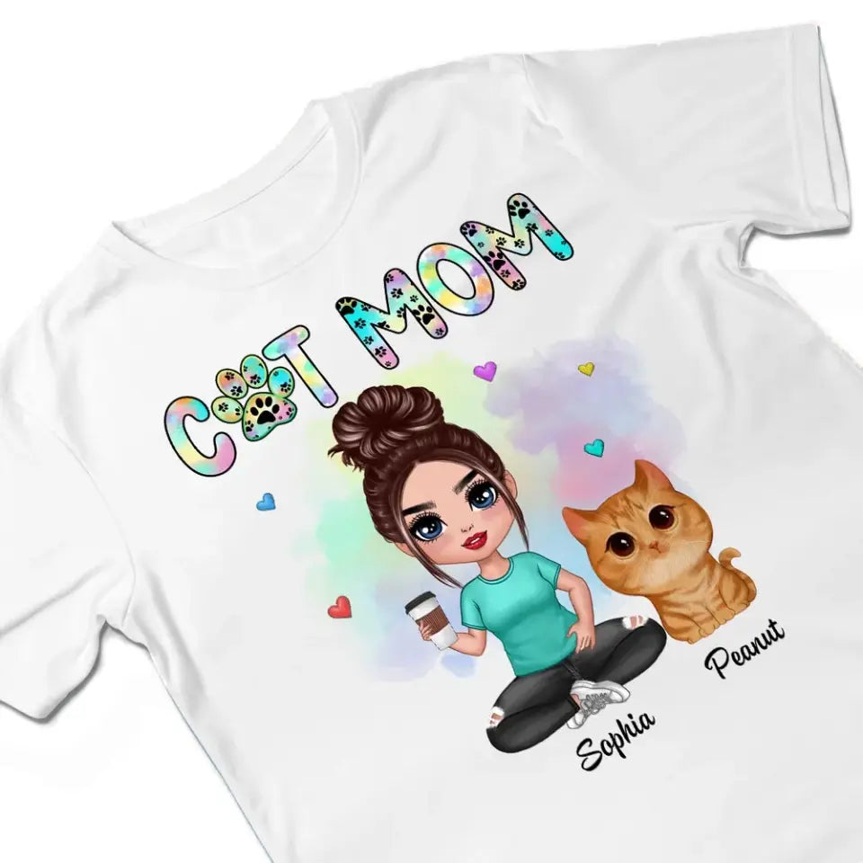 Watercolor Cute Cats Teal And Leopard Cat Mom Personalized Shirt