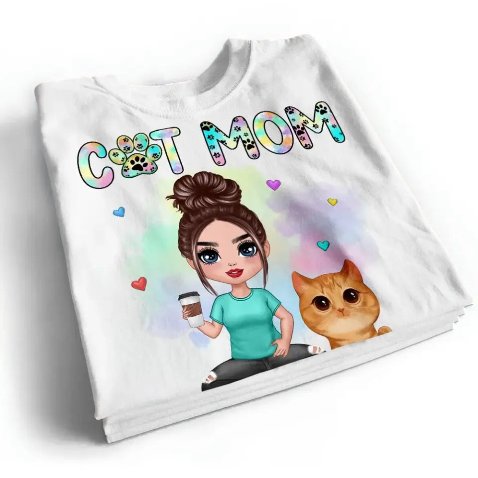 Watercolor Cute Cats Teal And Leopard Cat Mom Personalized Shirt