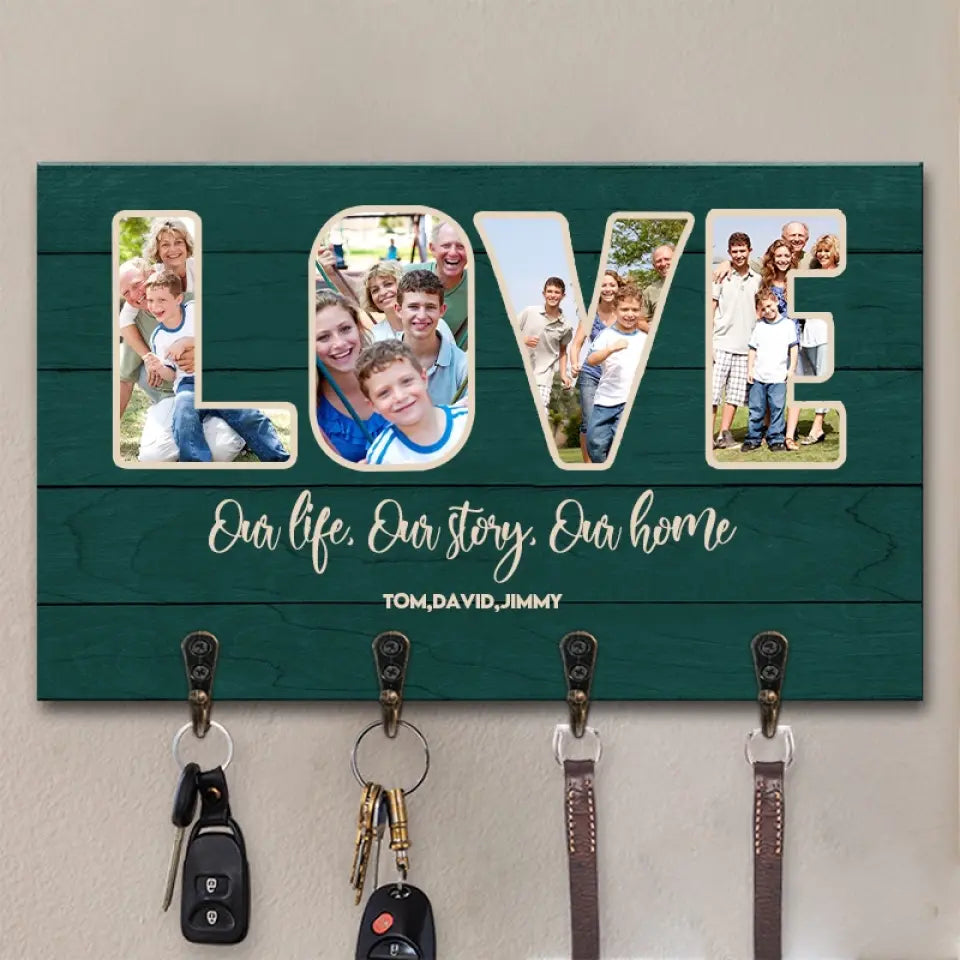 (Photo Inserted) Our Life, Our Story, Our Home - Personalized Custom Rectangle Shaped Key Hanger, Key Holder - Gift for Family