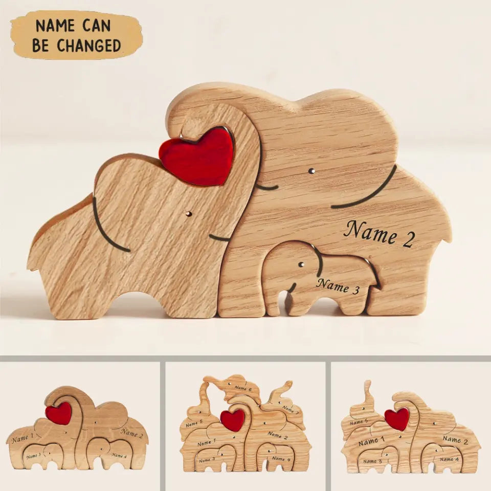 Personalized Wooden Elephants Family Puzzle Decoration, Gift For Family