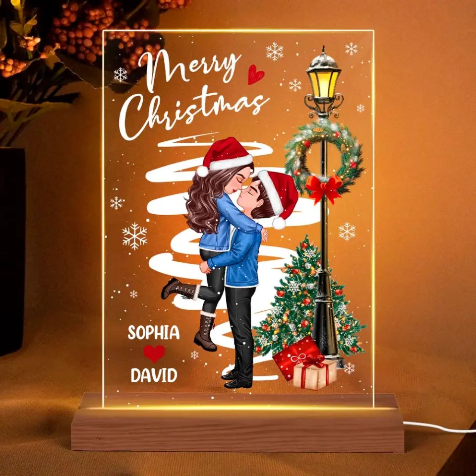 Winter Couple Hugging Kissing Snow Personalized Rectangle Acrylic LED Night Light