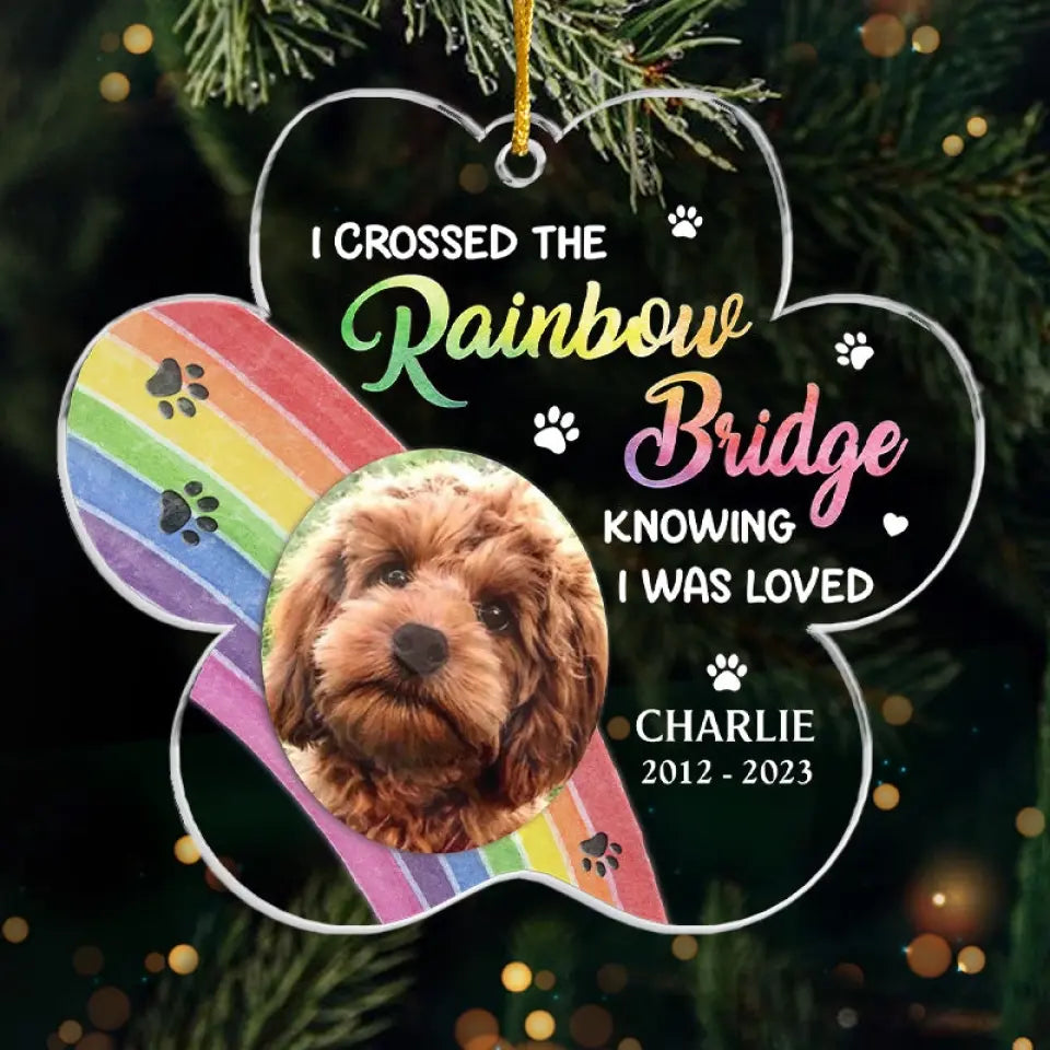 Custom Photo My Heart Is At The Rainbow Bridge - Memorial Personalized Custom Ornament - Acrylic Paw Shaped - Christmas Gift, Sympathy Gift For Pet Owners, Pet Lovers