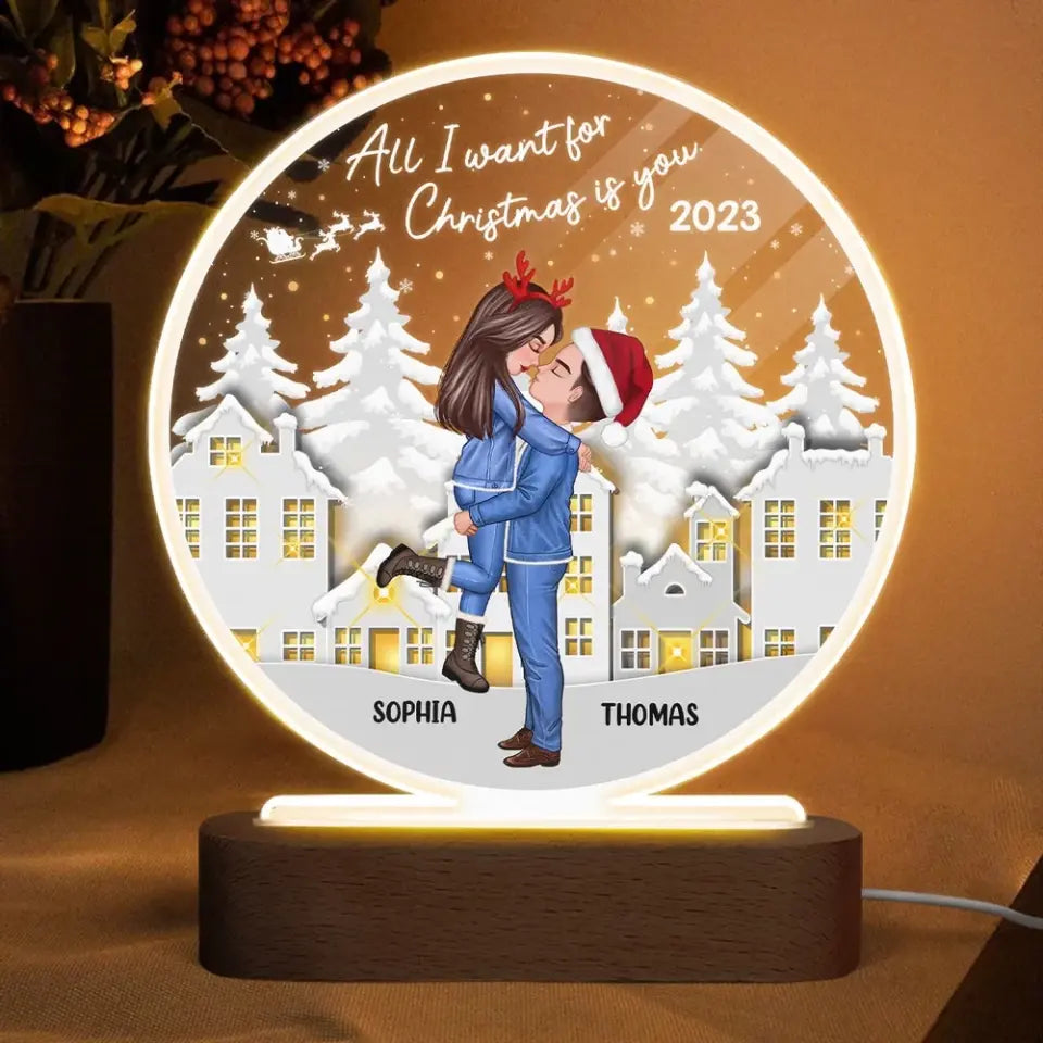 White Christmas Hugging Kissing Couple Personalized Circle LED Night Light