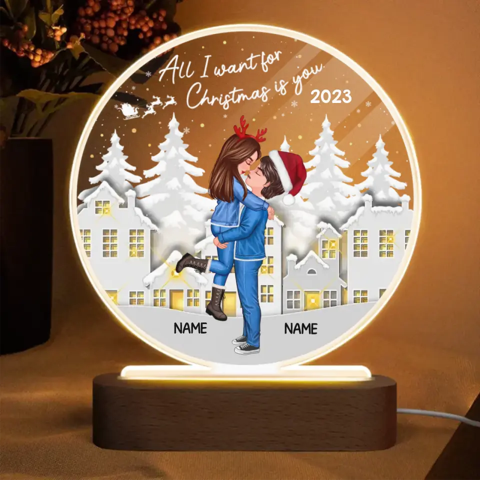 White Christmas Hugging Kissing Couple Personalized Circle LED Night Light