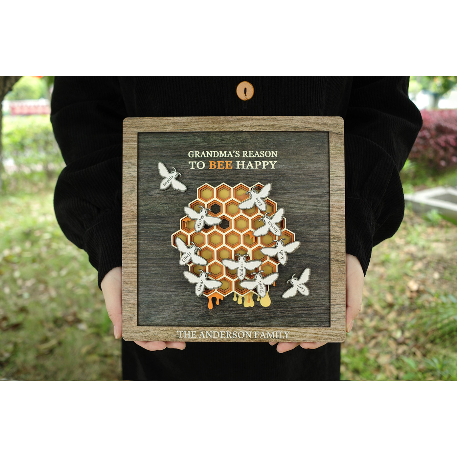 Grandma's Reason To Bee Happy - Personalized Family Wooden Frame