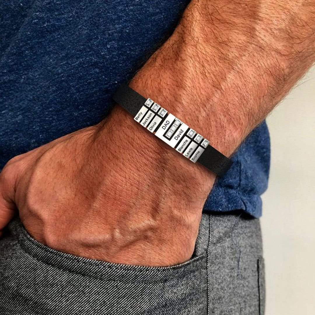 Father's Day Gift Adjustable Leather U Bracelet With Personalized Diamond Beads